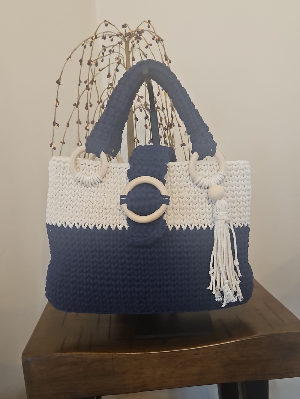 Hand Crocheted Navy and Off White Tote Bag with Wood Ring Accents